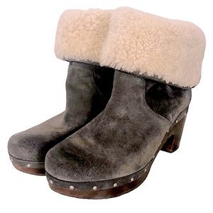LYNNEA UGG Grey Suede Shearling Wooden Platform Boot